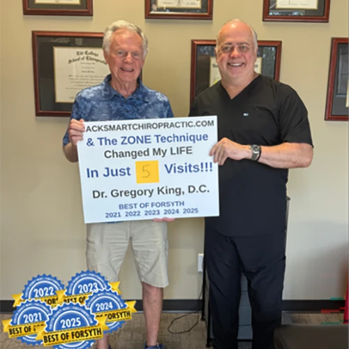 Testimonial from Dr. Gregory King highlighting the benefits of chiropractic care at Backsmart Health Chiropractic. Image taken in Cumming, GA